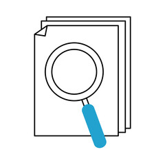 Sticker - search icon, paper with text content magnifier blue line and fill