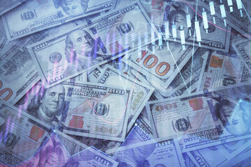 Double exposure of forex graph drawing over us dollars bill background. Concept of financial markets.