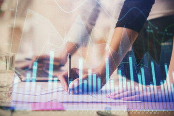 Fototapete - Multi exposure of woman hands typing on computer and financial chart hologram drawing. Stock market analysis concept.