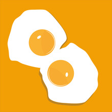 Two Fried Eggs Flat Vector Illustration Isolated On Yellow Background With Copy Space