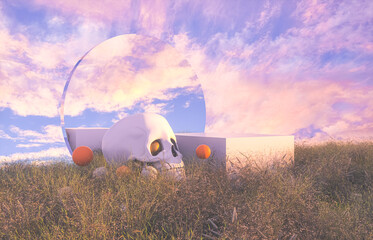 Poster - Abstract Halloween background with skull and podium on autumn field. 3d render.