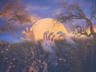 Poster - Abstract Halloween background with zombie hands and dead tree on autumn field. 3d render.