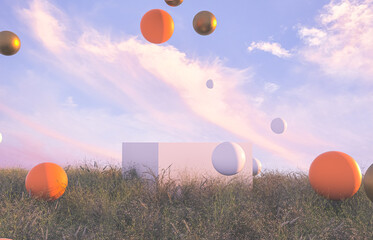 Poster - Abstract Autumn scene with white podium and geometric balls. 3d render.