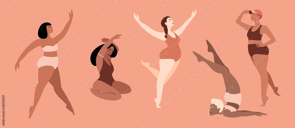 Multiracial women dressed in lingerie isolated characters. Happy girls. Body positive. Love your body. Vector illustration. - obrazy, fototapety, plakaty 