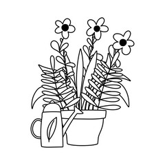 gardening, flowers in pot and watering can nature isolated line icon style