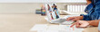 © weedezign - New normal office lifestyle.asian creative designer video conference collaboration with colleagues.live streaming meeting.banner mockup for display of content