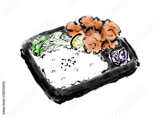 手描きの黒い器に入った唐揚げ弁当のイラスト素材 Stock Illustration Adobe Stock