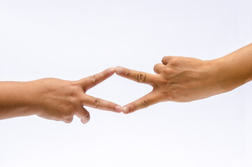 Wall Mural - Close up of two hands show scissors hand playing in rock paper scissors game, Isolated on white background, place for text or sign.