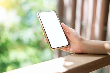 Wall Mural - Woman hand holding mobile phone with blank white screen mockup.