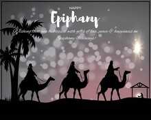 Vector Illustration Of Epiphany, Christian Festival, Three Wise Men On Camel, Bright Star, Nativity Of Jesus, Bokeh Background.