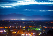 City Night From The View Point On Top Of Mountain At Twilight , Chiangmai ,Thailand