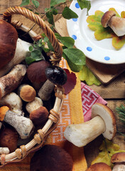 Wall Mural - mushrooms scattered on the table, top view.