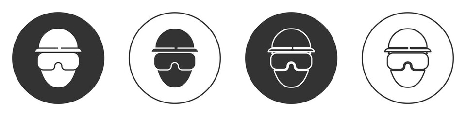 Black Special forces soldier icon isolated on white background. Army and police symbol of defense. Circle button. Vector.