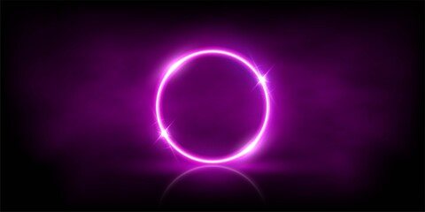 Wall Mural - Glowing neon pink circle with sparkles in fog abstract background. Round electric light frame. Geometric fashion design vector illustration. Empty minimal ring art decoration