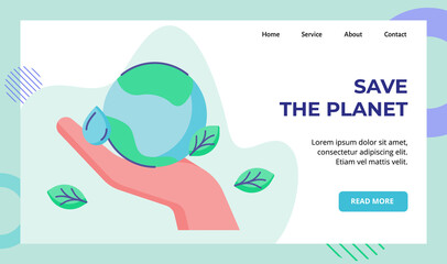 Wall Mural - Save the planet hand holding earth water drop leaf campaign for web website home homepage landing page template banner with flat style