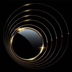 Poster - Golden round metal circle rings. Shining transparent abstract background. Yellow shiny circular lines. Modern futuristic graphic vector illustration. Flares glowing decoration