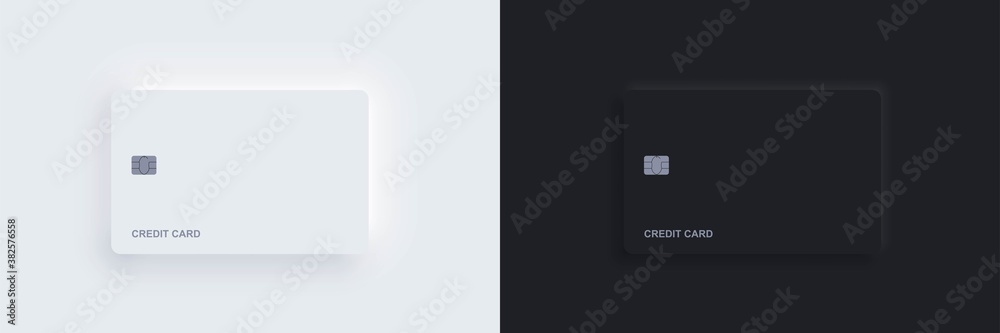Plastic bank credit card templates with chip and shadow. Realistic white and black isolated objects. Vector Neomorphism digital technology mockup. Contactless, wireless online payment concept. - obrazy, fototapety, plakaty 