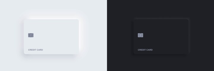 Plastic bank credit card templates with chip and shadow. Realistic white and black isolated objects. Vector Neomorphism digital technology mockup. Contactless, wireless online payment concept.