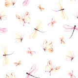 Fototapeta Dziecięca - Watercolor seamless pattern with flying butterflies and dragoflies on white background. Cute illustration for wallpaper, textile or wrapping paper.