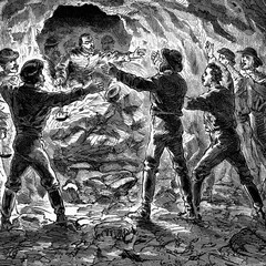 Sticker - Meeting of the operators of the two sections of the tunnel of Gotthard, Switzerland.   Antique illustration. 1882.