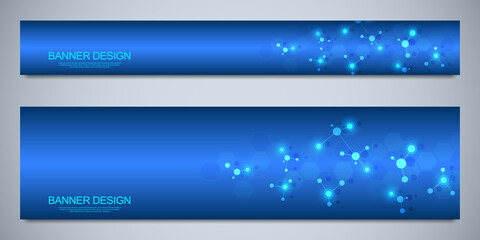 Wall Mural - banners design template with molecular structures and neural network. abstract molecules and genetic