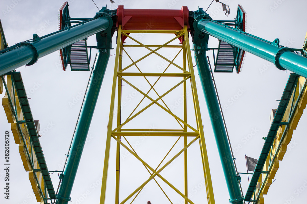 Pirate Ship Ride. View from the boat looking up of a pirate ship thrill ...