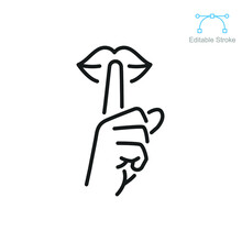 Please Do Quite Pssst Icon. Woman Lips With Finger Showing Silence Sign. Do Not Disturb Can Be Used For Library Infographic Symbol. Editable Vector Illustration. Design On White Background EPS 10