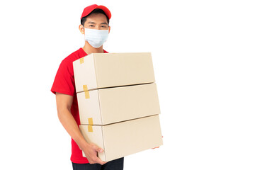 Wall Mural - Smiling delivery man employee in red cap blank t-shirt uniform standing with parcel post box on white background