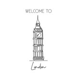 Fototapeta Big Ben - One continuous line drawing of welcome to Big Ben clock tower landmark. Beautiful iconic place in London. Home decor wall art poster print concept. Modern single line draw design vector illustration