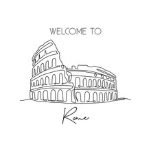 Single Continuous Line Drawing Colosseum Amphitheater. Iconic Landmark Place In Rome, Italy. World Travel Home Decor Wall Art Poster Print Concept. Modern One Line Draw Design Vector Illustration