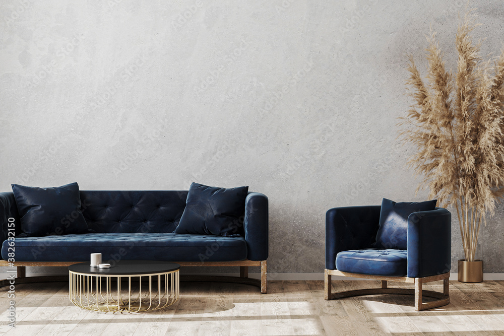 Modern scandinavian style living room interior mock up with dark blue sofa and armchair, living room interior background, 3d rendering - obrazy, fototapety, plakaty 