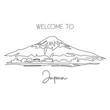 Single Continuous Line Drawing Mount Fuji Scenery Landmark. Beautiful Place In Honshu, Japan. World Travel Home Decor Wall Art Poster Print Concept. Modern One Line Draw Design Vector Illustration