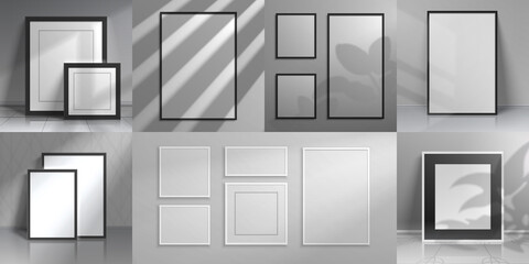 Poster - Realistic interior frames. 3D mockups with shadow overlay from windows and home plants for poster and banner design. Place in borders for pictures photos on wall, room decor vector templates set