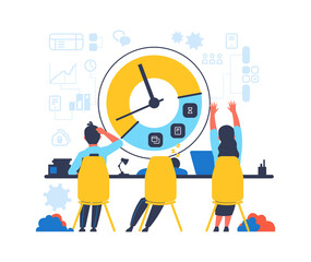 Poster - Time management concept. Cartoon people work hard in office. Smart timetable, online planner application for multitask work. Infographics for control business process vector flat isolated illustration