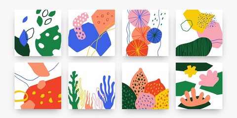 Poster - Modern doodle poster. Abstract hand drawn collage with cute modern art symbols. Red, blue, green forms on white background, bright colored texture web template, interior wall decor vector graphic set