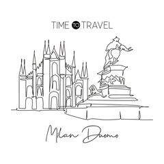 Single continuous line drawing Duomo di Milano landmark. Beautiful famous place in Milan, Italy. World travel tour home wall decor art poster concept. Modern one line draw design vector illustration