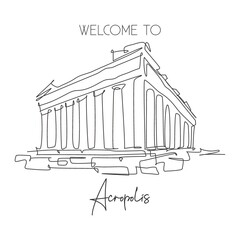 Wall Mural - One single line drawing Acropolis temple landmark. World famous ruin in Athens, Greek. Tourism travel postcard home wall decor poster concept. Modern continuous line draw design vector illustration