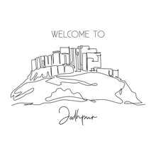 Single Continuous Line Drawing Mehrangarh Fort Landmark. Most Beautiful Place In Jodhpur, India. World Travel Home Decor Wall Art Poster Print Concept. Modern One Line Draw Design Vector Illustration