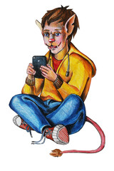 Redhead teenager with a phone in his hand. A mutant with a tail. In sneakers and a sweatshirt. Sits with legs folded. Drawing with colored pencils