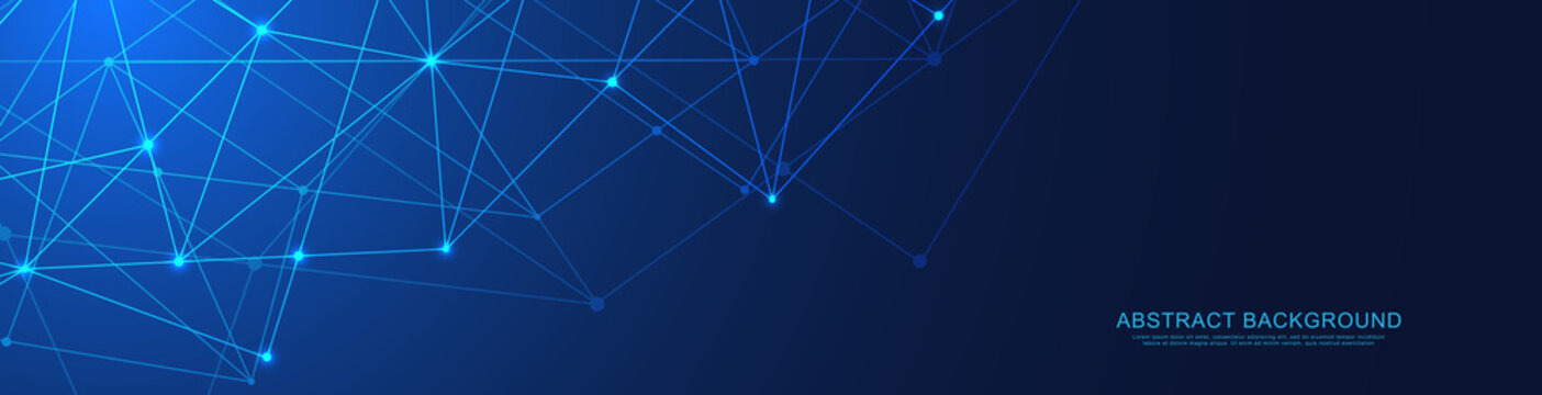 Website header or banner design with abstract geometric background and connecting dots and lines. Global network connection. Digital technology with plexus background and space for your text.