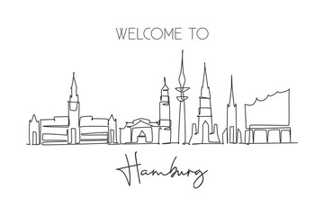 Wall Mural - One continuous line drawing of Hamburg city skyline, Germany. Beautiful skyscraper. World landscape tourism travel wall decor poster print concept. Stylish single line draw design vector illustration