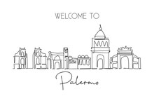 One Continuous Line Drawing Palermo City Skyline, Italy. Beautiful Skyscraper. World Landscape Tourism Travel Vacation Wall Decor Poster Concept. Stylish Single Line Draw Design Vector Illustration