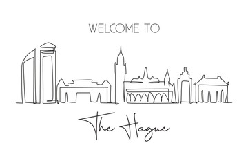 Wall Mural - Single continuous line drawing of The Hague city skyline, Netherlands. Famous skyscraper landscape postcard. World travel wall decor poster art concept. Modern one line draw design vector illustration