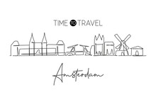 One Continuous Line Drawing Of Amsterdam City Skyline, Netherlands. Beautiful City Skyscraper. World Landscape Tourism Travel Vacation Wall Decor Poster. Single Line Draw Design Vector Illustration