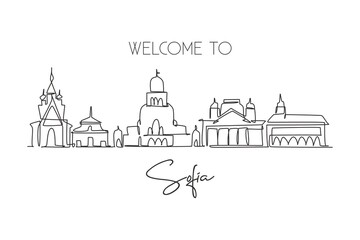 Single continuous line drawing of Sofia city skyline, Bulgaria. Famous city scraper landscape. World travel home wall decor art poster print concept. Modern one line draw design vector illustration