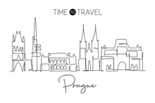 One Single Line Drawing Of Prague City Skyline, Czech Republic. Historical Town Landscape In World. Best Holiday Destination Wall Decor Poster. Trendy Continuous Line Draw Design Vector Illustration