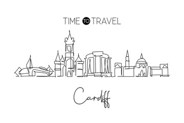 One single line drawing of Cardiff city skyline, Wales. Historical town landscape in the world. Best holiday destination poster. Editable stroke trendy continuous line draw design vector illustration