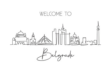 Single continuous line drawing of Belgrade city skyline, Serbia. Famous city scraper landscape. World travel concept home decor wall art poster print. Modern one line draw design vector illustration