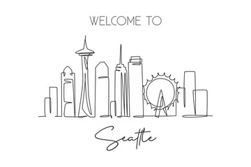 Poster - Single continuous line drawing of Seattle city skyline, USA. Famous city scraper and landscape home wall decor poster print art. World travel concept. Modern one line draw design vector illustration