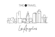 Single Continuous Line Drawing Of Los Angeles City Skyline, United States. Famous City Landscape. World Travel Concept Home Wall Decor Poster Print Art. Modern One Line Draw Design Vector Illustration